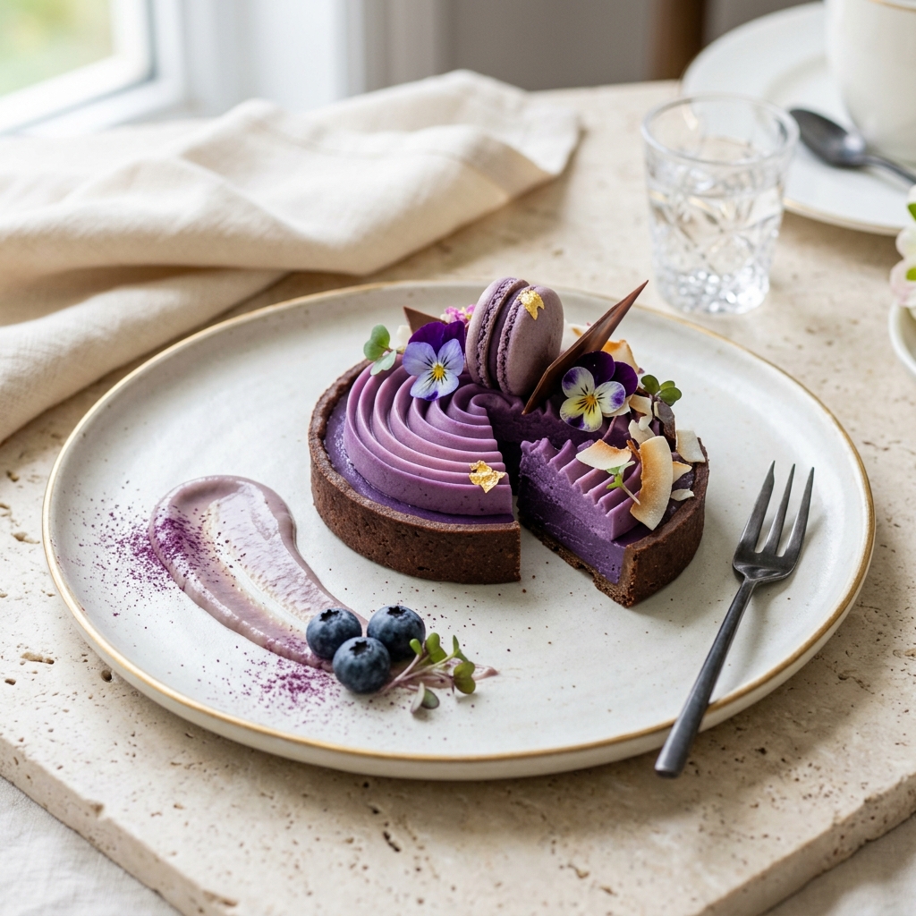 Modern Ube Dessert in a specialty café setting