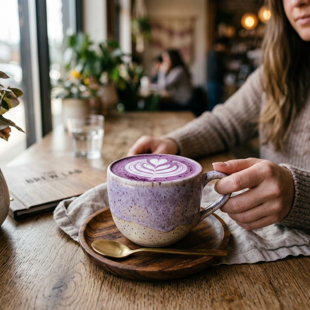 Hot Ube Latte Art with intricate foam design