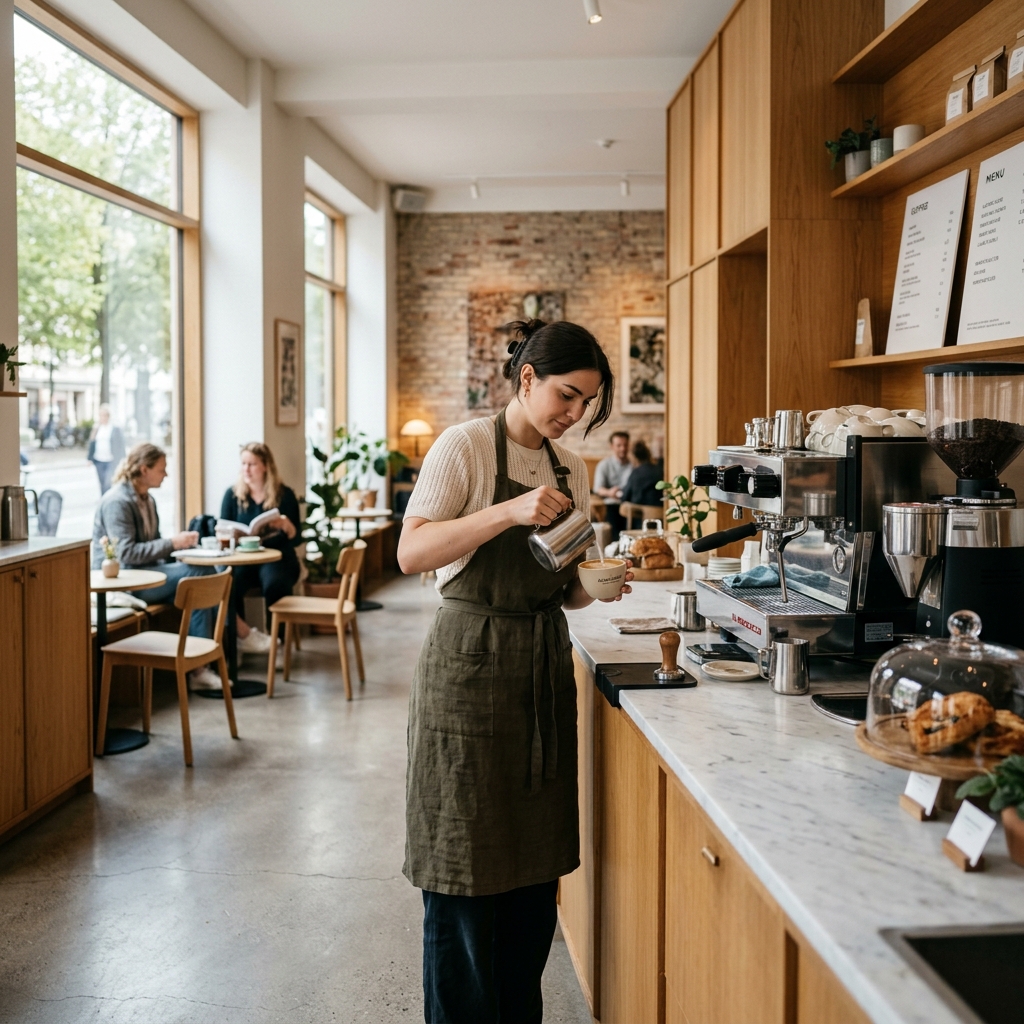 Modern specialty café atmosphere with barista preparing drinks