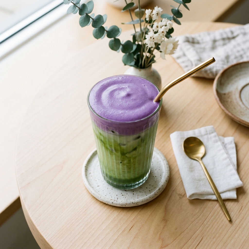 Aesthetic iced latte with layered Ube cold foam