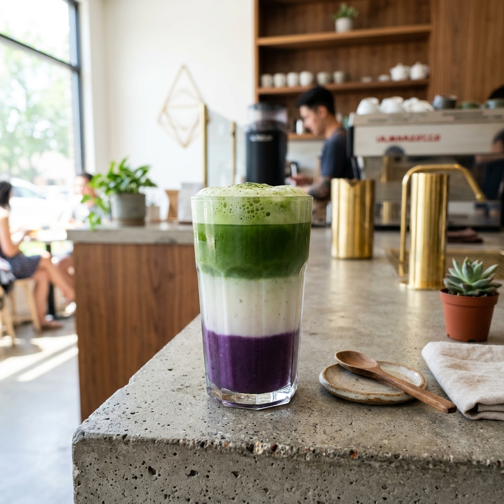Vibrant purple Ube and green Matcha latte comparison