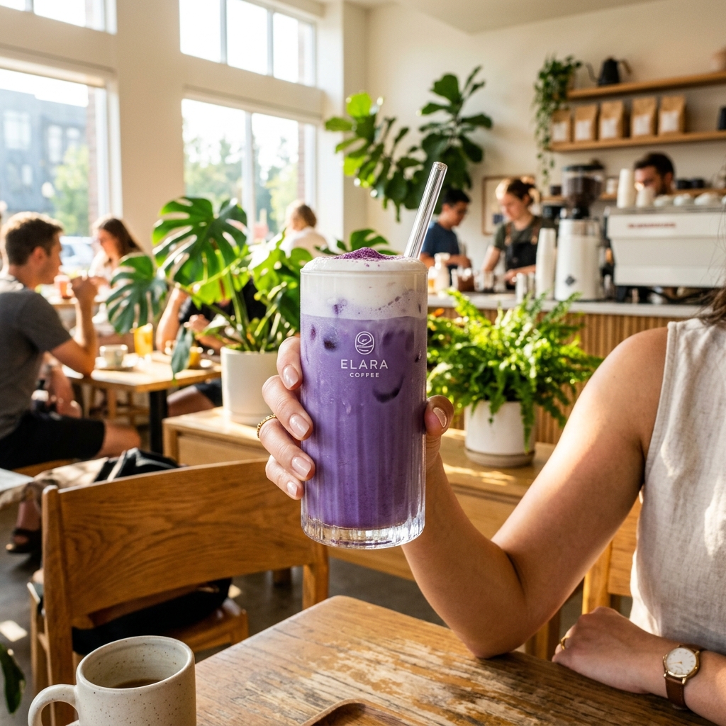 Vibrant Ube lifestyle image showing café culture